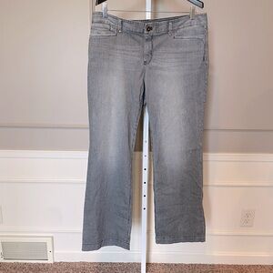 Eddie Bauer Women's curvy denim trouser NWT sz 14 pinstripe wide leg blue white